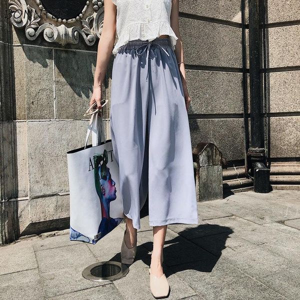 

women's pants & capris women chiffon wide leg pant female summer trendy korean womens elegant slim high calf-length bow elastic leisure, Black;white