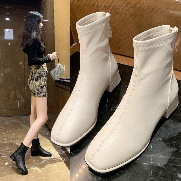 

large size boots square toe boots women's short 2021 spring new soft leather mid-heel plus velvet shoes, Black