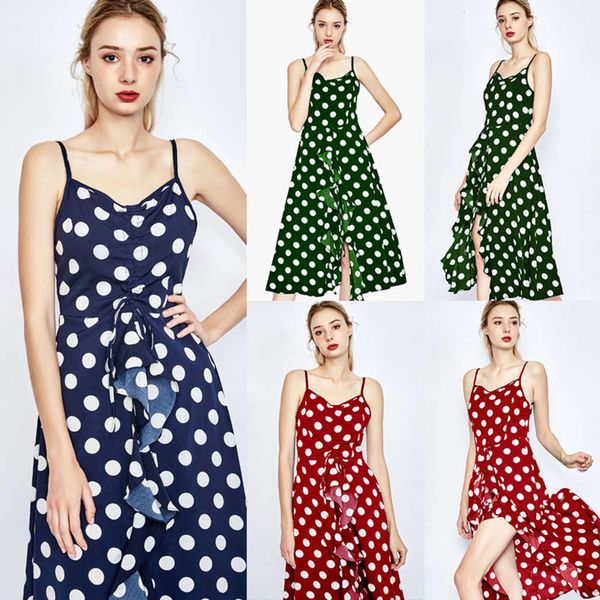 

2020 new wave point suspender split ruffle high waist slim elegant dress, Gray