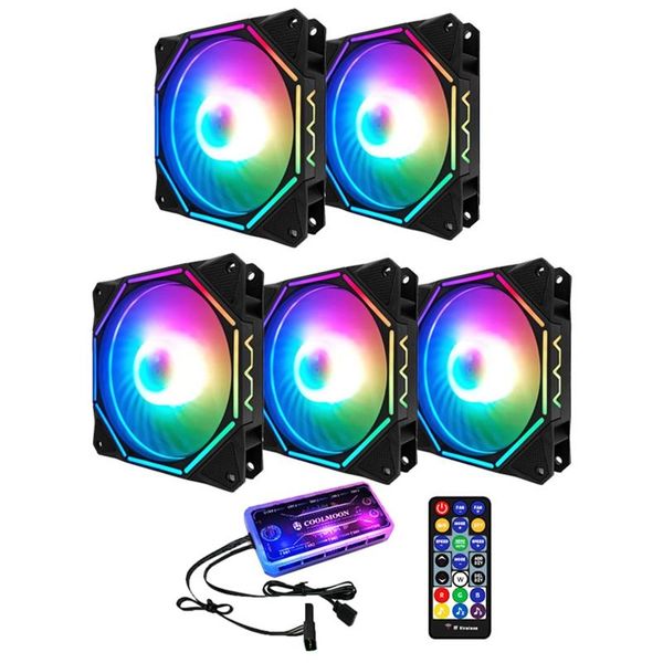 

lapcooling pads coolmoon rgb chassis fan, 12cm silent polygonal light inside and outside+music controller computer fan cpu (5 pcs)