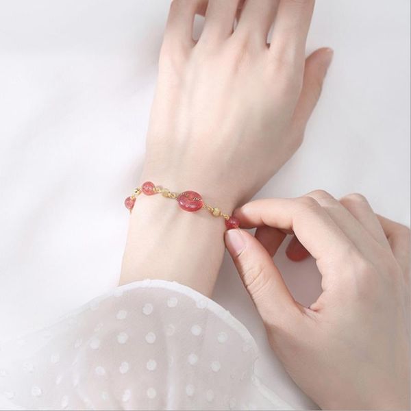 

beaded, strands natural strawberry crystal bracelet semi-precious stone pink women bracelets on hand chain bangles jewelry female, Black