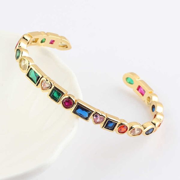

new design elegant opening cuff bangle & bracelet for women charm gold color heart cz crystal rainbow bangles wedding jewelry q0720, Black