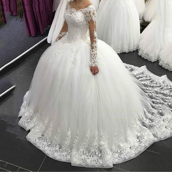 

custom long sleeves ball gown lace wedding dresses 2021 with appliques court train lace up tulle wedding bridal gowns, White