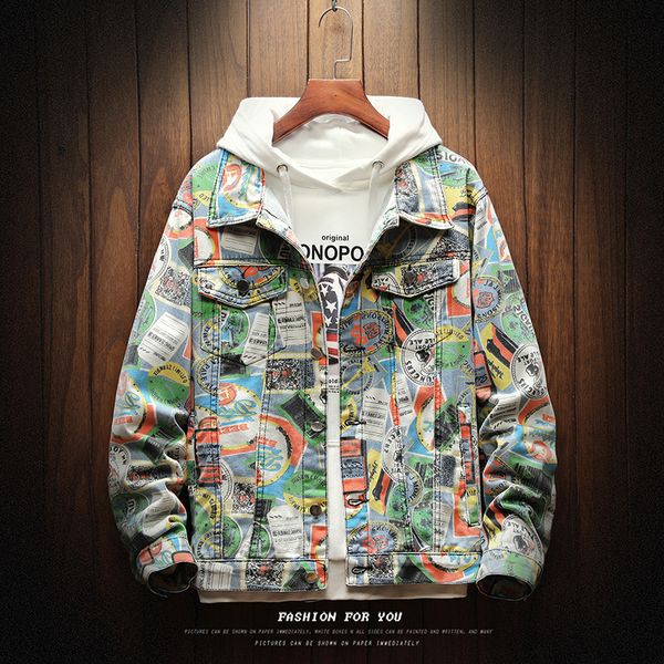 

2021 new man streetwear printed graffiti hipster jacket holes hip hop motorcycle casual black cotton denim jackets cqk4, Black;brown