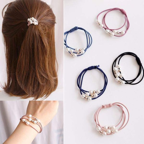 

multilayer ring showing temperament pearl tie head rope korean headdress hair accessories basic tie hair rubber band hair rope, Slivery;white