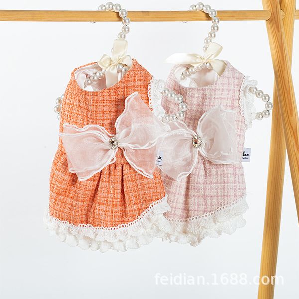 

autumn and winter small fragrance bow plaid skirt dog cloth warm pet cat products