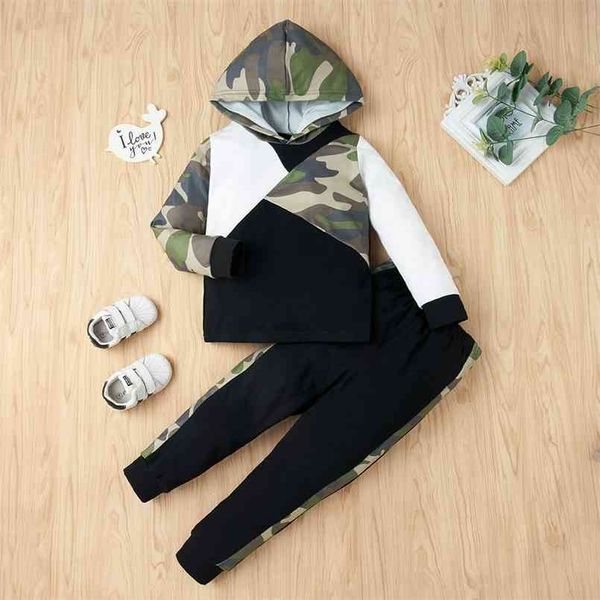 

arrival autumn and winter 2-piece baby camouflage splice long-sleeve hooded pullover pants set children clothes 210528, White