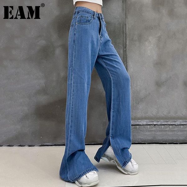 

women's jeans [eam] high waist blue denim hem slit long wide leg loose women trousers fashion tide spring autumn 2021 1de0011