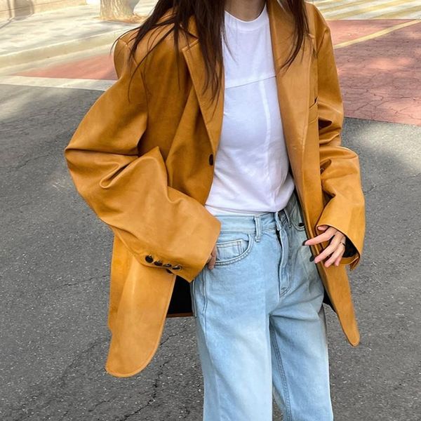 

women's leather & faux korean loose fit solid color pu jacket lapel long sleeve women coat fashion tide spring 2021, Black