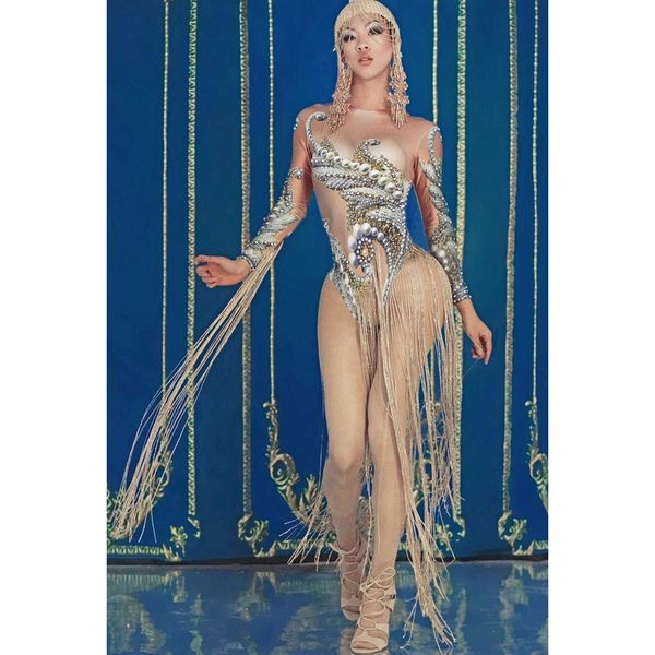 

rhinestones pearls gold fringes bodysuit female singer dj nightclub show outfit tassel leotard stage performance dance costume, Black;red