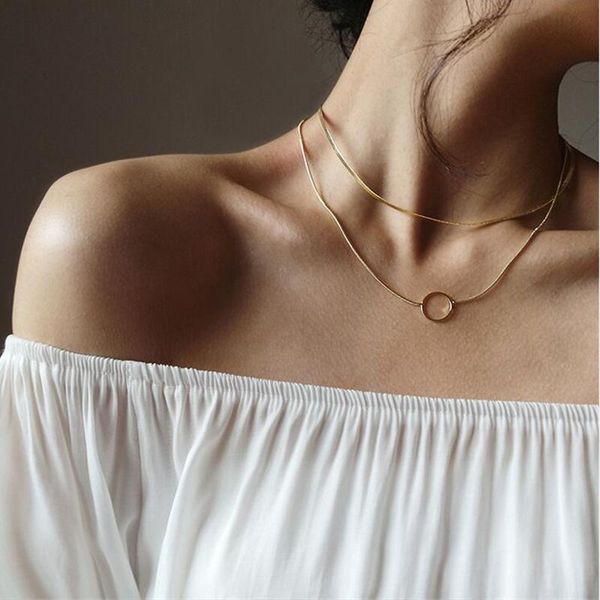 

chains necklace 2021 korean geometric circle double layer choker wide chain necklaces for women girls party gifts simple jewelry, Silver