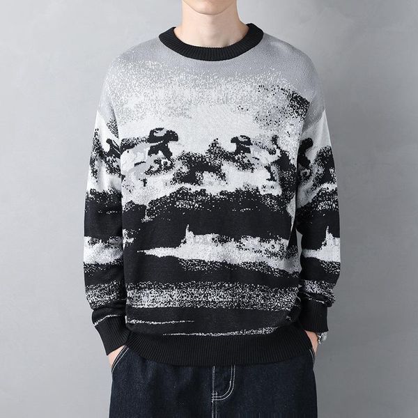

men's sweaters round neck print slim fitting sweater fashion trend long sleeve autumn youth korean casual top, White;black