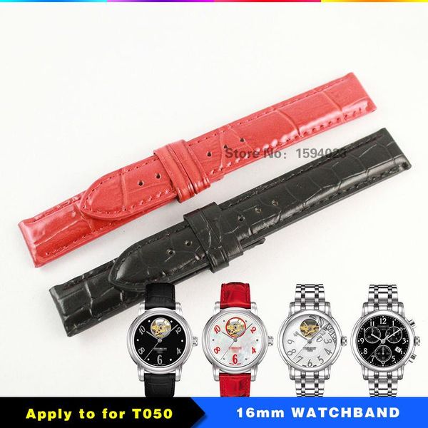 

watch bands 16mm t050207 genuine leather butterfly buckle wrist bracelet for t050 woman lady strap, Black;brown