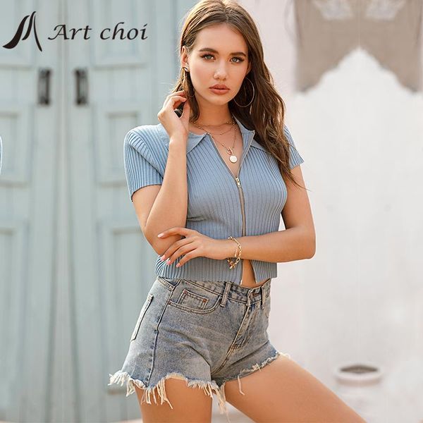 

women's t-shirt summer casual women fashion solid knitted short t shirt cardigan zipper crop navel bottoming base knitwear all-match, White