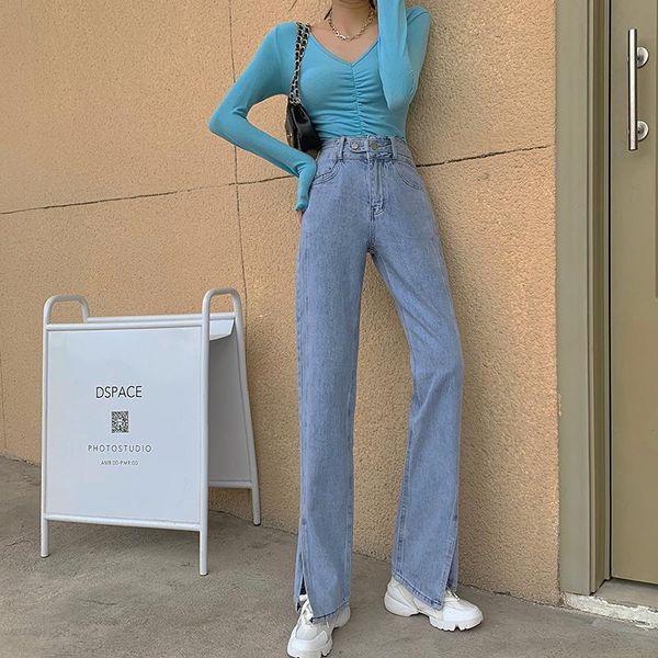 

women's jeans fashion slit high waist women 2021 autumn loose wide-leg pants casual trousers clothing, Blue