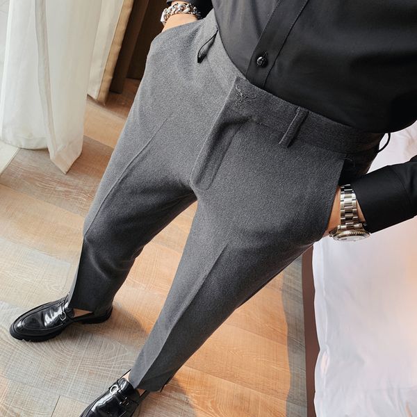 

fall winter in men's business dress casual solid suit pants embroidered streetwear wedding pantalon homme mbvg, Black