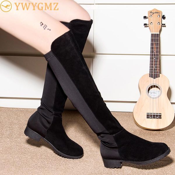 

boots women over the knee 2021 spring thigh high suede ladies black long booties elastic 4cm block heels shoes size 34-43