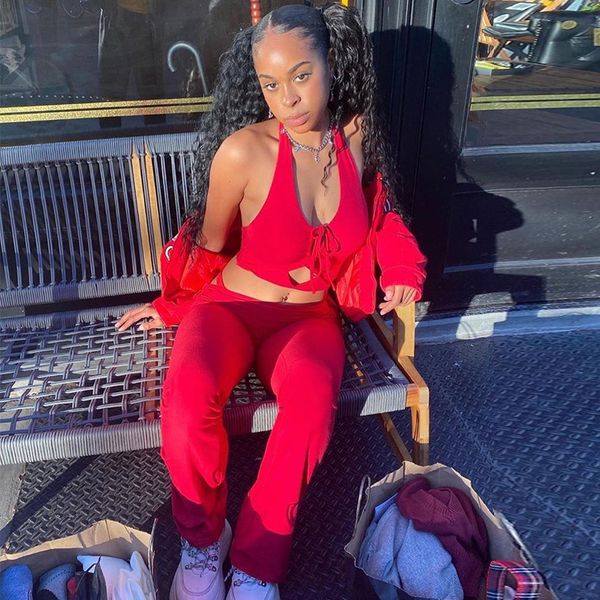 

2 piece sets womens club outfits hollow out laced pants and halter crop matching sets black red c85-ci25, White