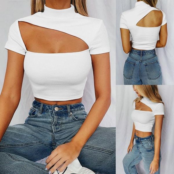

women's t-shirt summer hollow solid color round neck short sleeve white