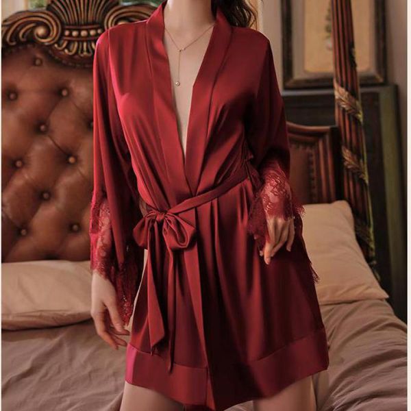 

women's sleepwear wedding robe kimono bathrobe gown women hollow out lace home wear summer soft faux silk satin loungewear nightgown, Black;red