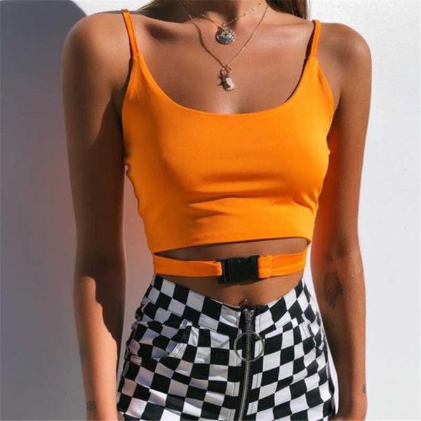 

2021 summer new fashion women sling personalized buckle straps crop tank summer casual sleeveless short vest clubwear y0622, White