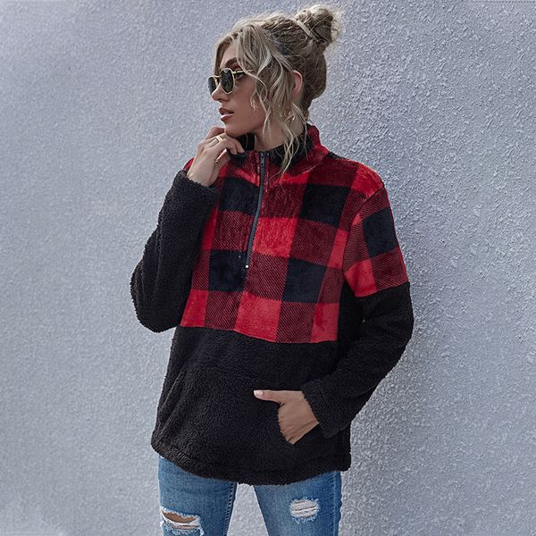 

2021 teddy cashmere plaid fleece autumn winter short plush coat front pocket warm pullover jacket for women new v5le, Black;brown