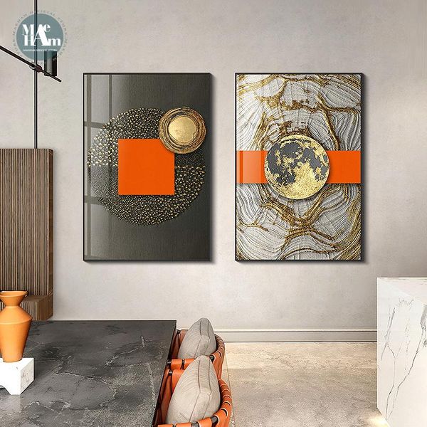 

abstract orange canvas print painting gold foil geometric color poster wall art pictures on canvas living room office decor