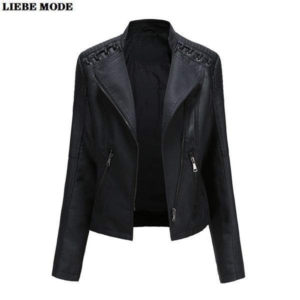 

punk streetwear faux leather jacket women harajuku zipper motorcycle biker slim fit jackets coats ladies stand collar outerwear 211007, Black