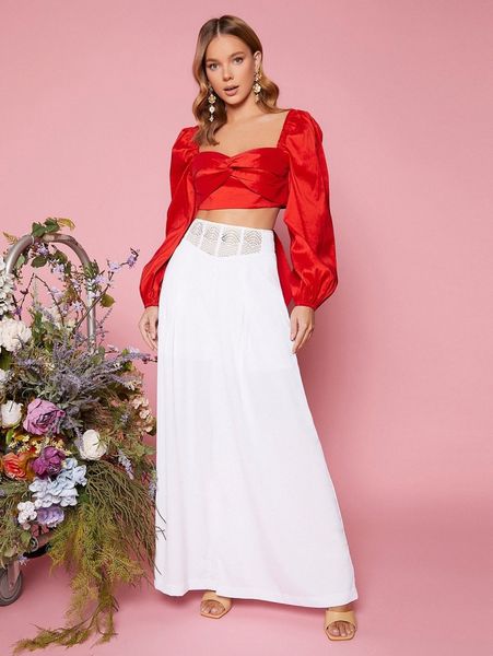 

eyelet embroidery wide leg pants a7cz#, Black;white