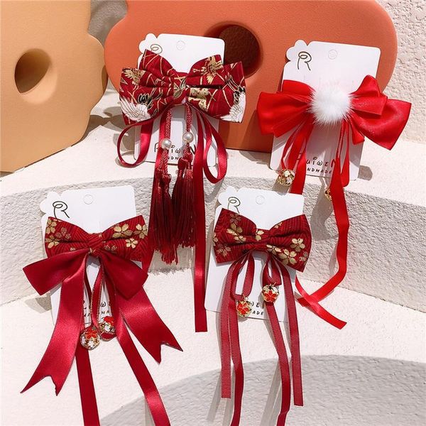 

hair accessories chinese style year festive children's hairpin fashion sweet girl princess red bow long ribbon duckbill clip, Slivery;white