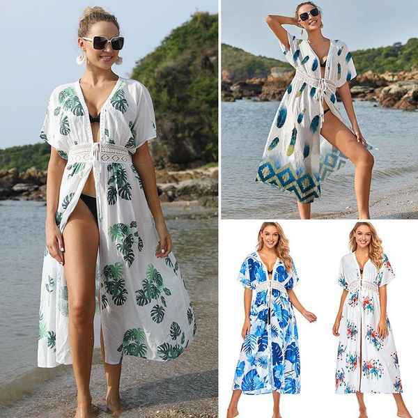 

women's swimwear polyester bathing suit women lace girdle long beach cover up temperament v-neck plus size wear print butterfly dress, White;black