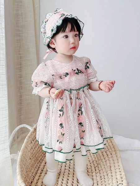 

toddler girls floral embroidery mesh dress with headband she, Red;yellow