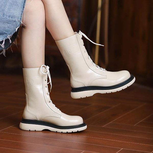 

boots 2021 genuine leather ankle round toe flat with lace-up sewing non-slip motorcycle women classic shoes, Black