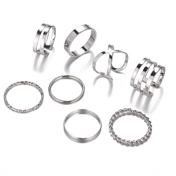 7-teiliges Mode-Punk-Verbindungsring-Set, geometrischer Twist, minimalistischer Schmuck, kreisförmige, silberne, goldene Ringe aus Metall für Frauen, Street Dance-Zubehör