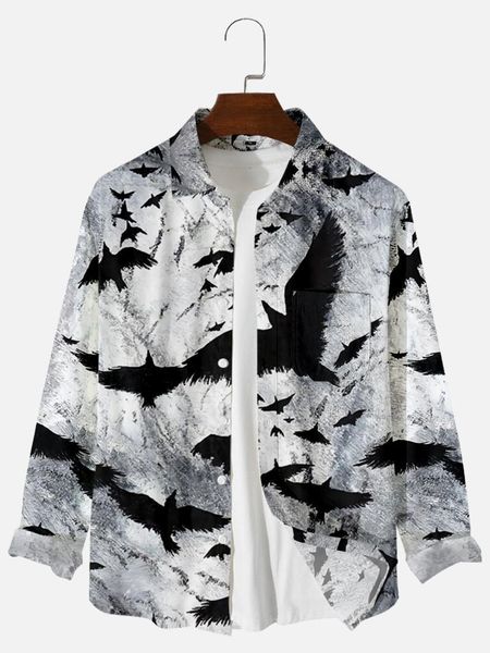 

men's casual shirts 2021 flying wing pattern 2 digital printing loose large button long sleeve cardigan shirt, White;black
