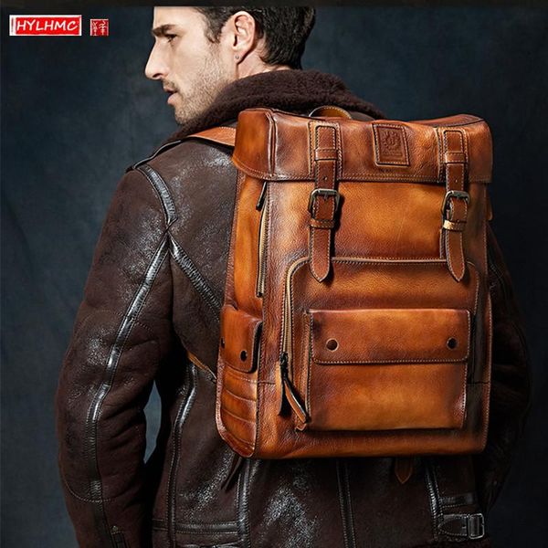 

backpack genuine leather men travel shoulder bag men's box shape backpacks full cowhide luxury large capacity vintage bags