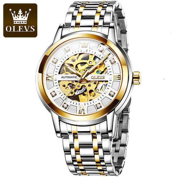 

gentlemen olevs rustless steel waterproof hollow clock brand luxury transparent mechanical sports automatic kronking, Slivery;brown