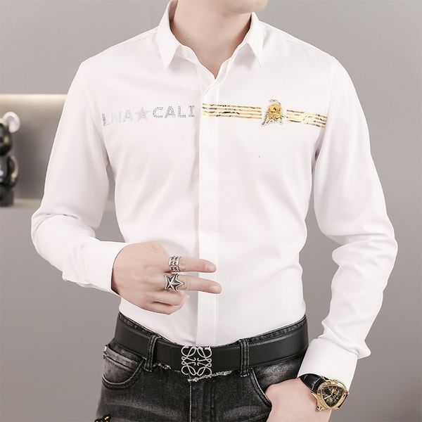 

men's of long skinny casual shirt strass formal business dress shirts social party streetwear blouse sqpc, White;black