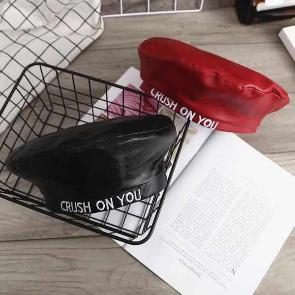 

beanies embroidered letters pu leather flat beret hat men women early spring retro solid color painter