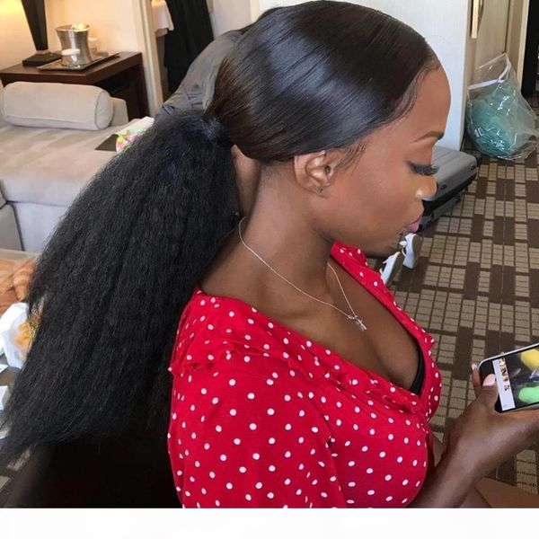 

kinky straight ponytail for women natural coarse yaki remy hair clip in pony tails two combs blow out human hair extension, Black