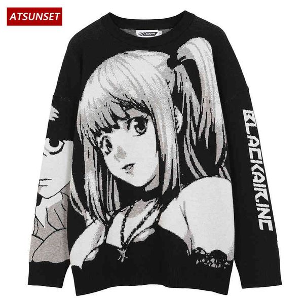 

girl knitted harajuku style sweater, hip hop, retro, animation, death note, 2021, White;black