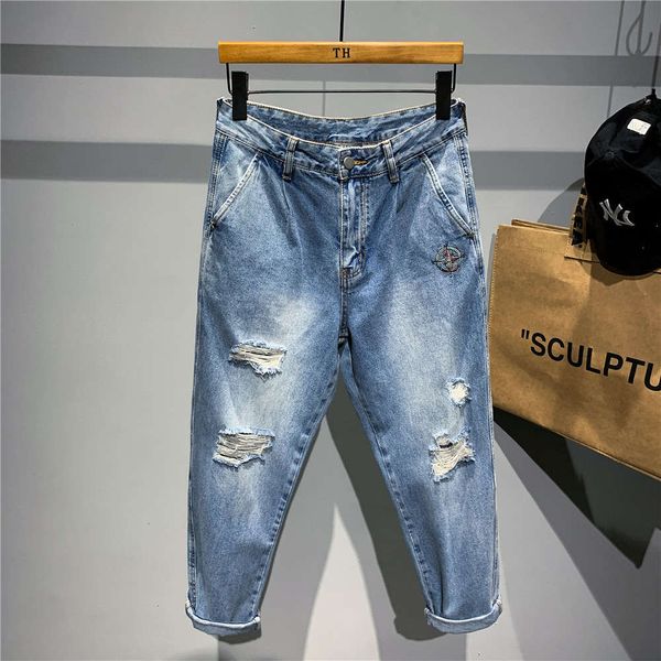 

holed jeans loose casual elastic harem fashion brand versatile light pants men's straight tube spring and autumn handsome, Blue