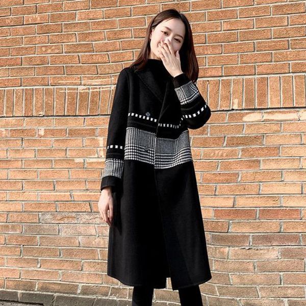 

women's wool & blends [ewq] korea chic black coat middle long autumn winter 2021 loose palid spliced woolen female fashion 16e4892
