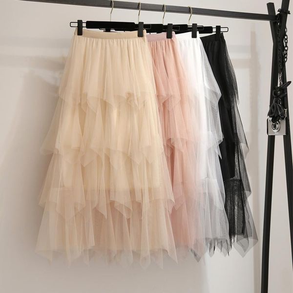 

skirts shashaqun skirt women's 2021 spring ins super fire mesh irregular medium long high waist yarn, Black