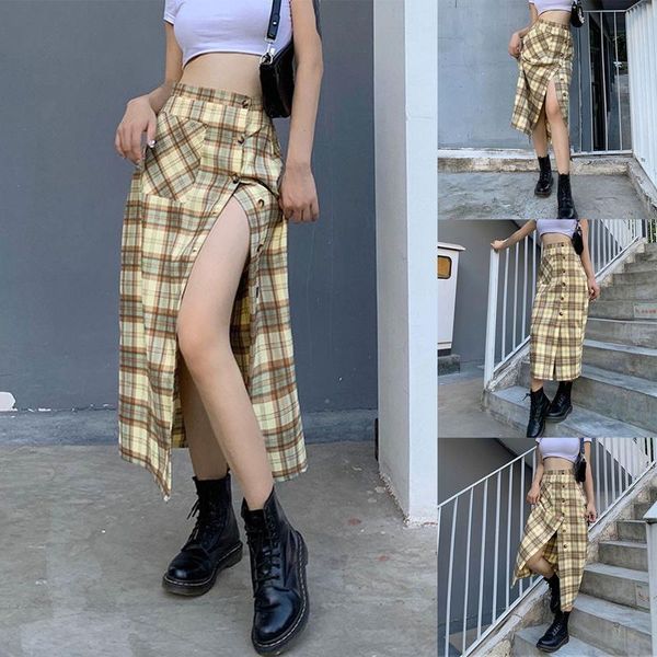 

skirts women's fashion plaid printed button slit high waist skirt brown, Black