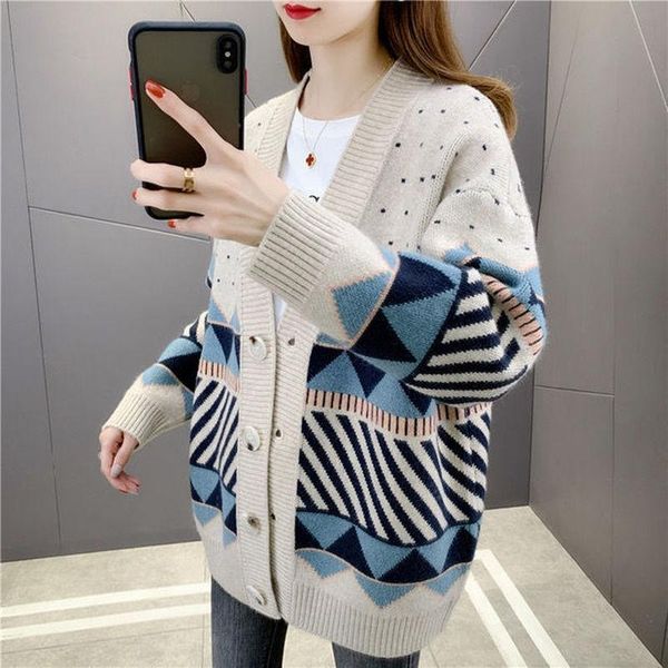 

women's sweaters 2021 autumn winter women warm sweater cardigans oversize v neck knit girls outwear korean chic argyle print, White;black