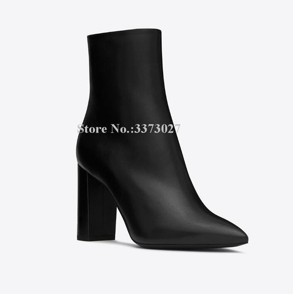

boots lady black leather chunky heel ankle concise style pointed toe fashion short women large size banquet