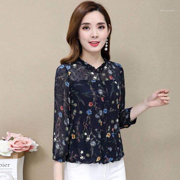 

chiffon shirt long sleeve women 2021 spring and autumn women's fashion ladies loose floral blouse clothes blouses & shirts, White