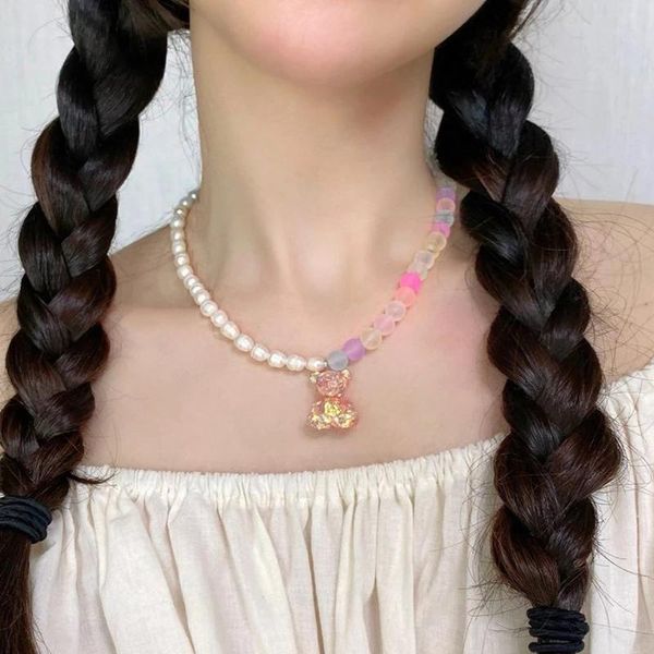

pendant necklaces fashionable color imitation pearl necklace cute eesin bear cold wind hip-hop personality stitching clavicle chain women, Silver