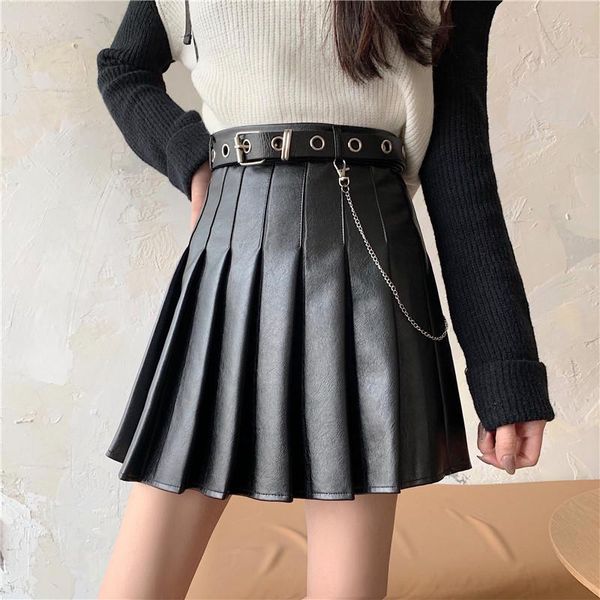 

skirts harajuku women pleated mini skirt with sashes high waist gothic punk pu leather streetwear belt, Black